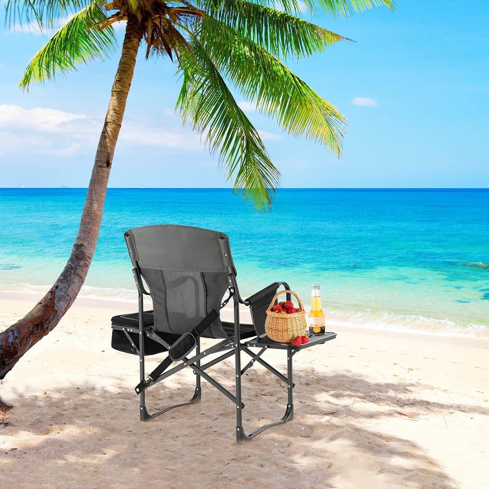 Camping Chair W/ Side Table Storage Pocket Cooler Bag Shoulder Strap Handle