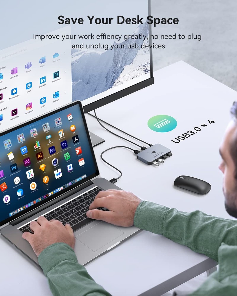 Aluminum USB 3.0 Switch, 2 Computers Share 4 Devices, 2-Pack USB 3.0 Cables
