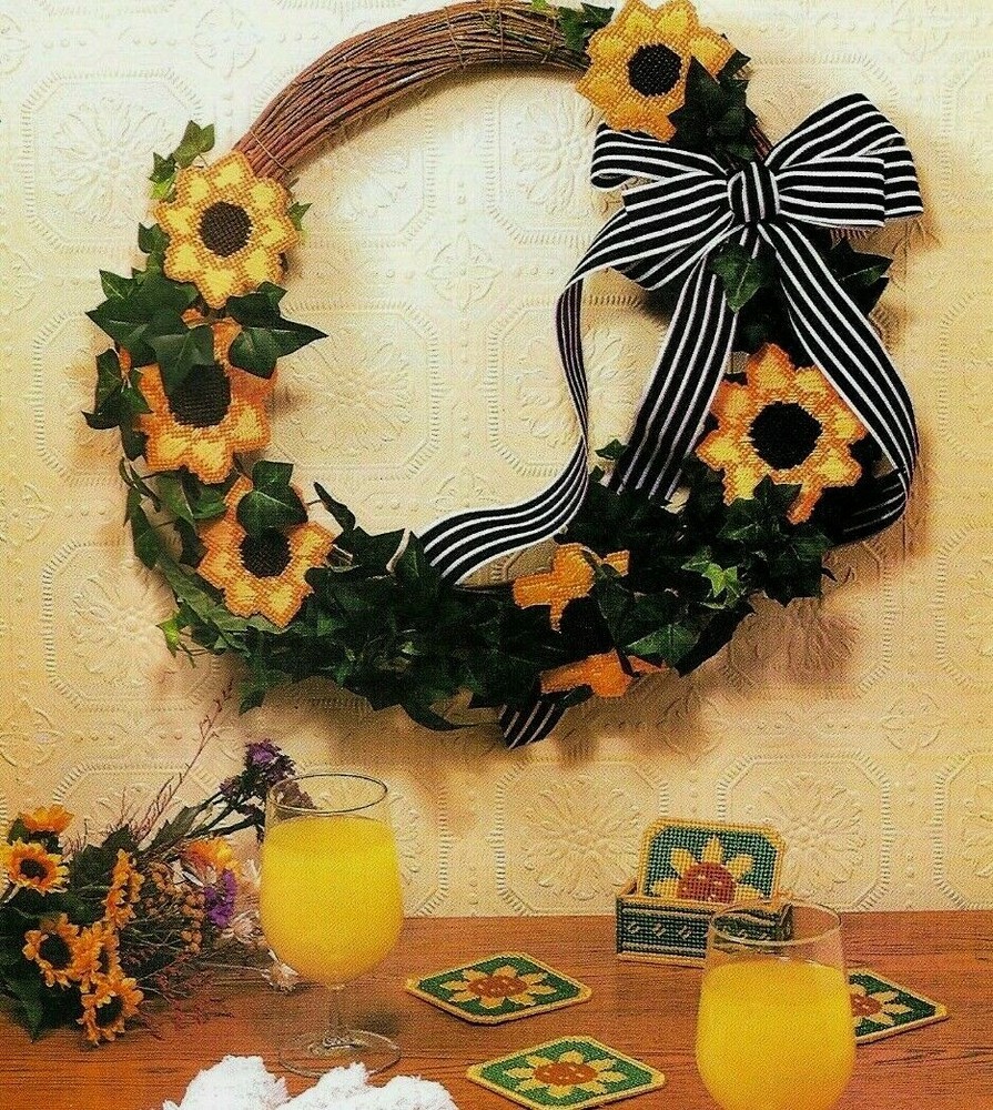 SUMMER'S LAST SUNFLOWERS WREATH & COSTERS PLASTIC CANVAS PATTERN INSTRUCTIONS