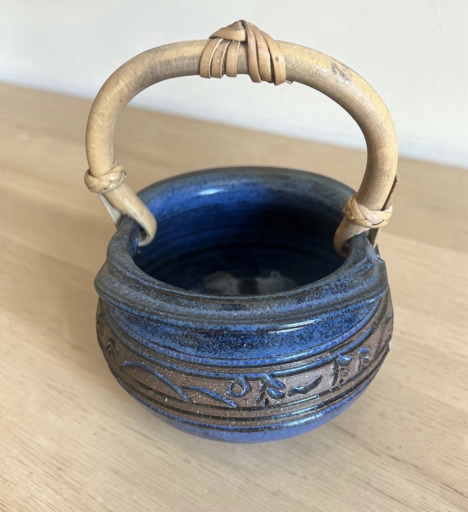Studio Art Pottery Blue Stoneware Basket Jar Pot With Bamboo Handle Signed