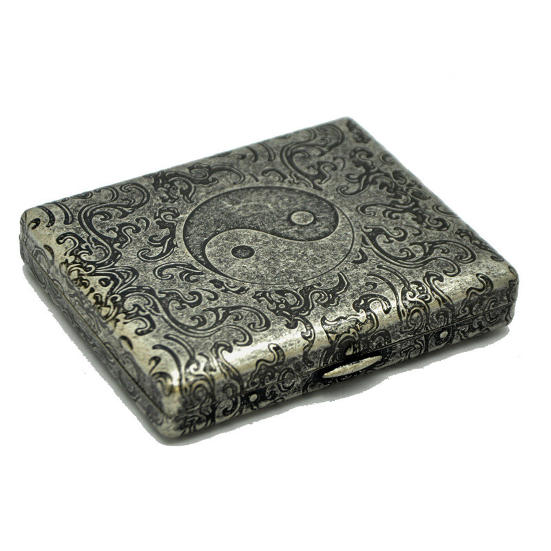 Vintage Brass Cigarette Case Double Sided Embossed Xiangyun Tai Chi Pattern 20S