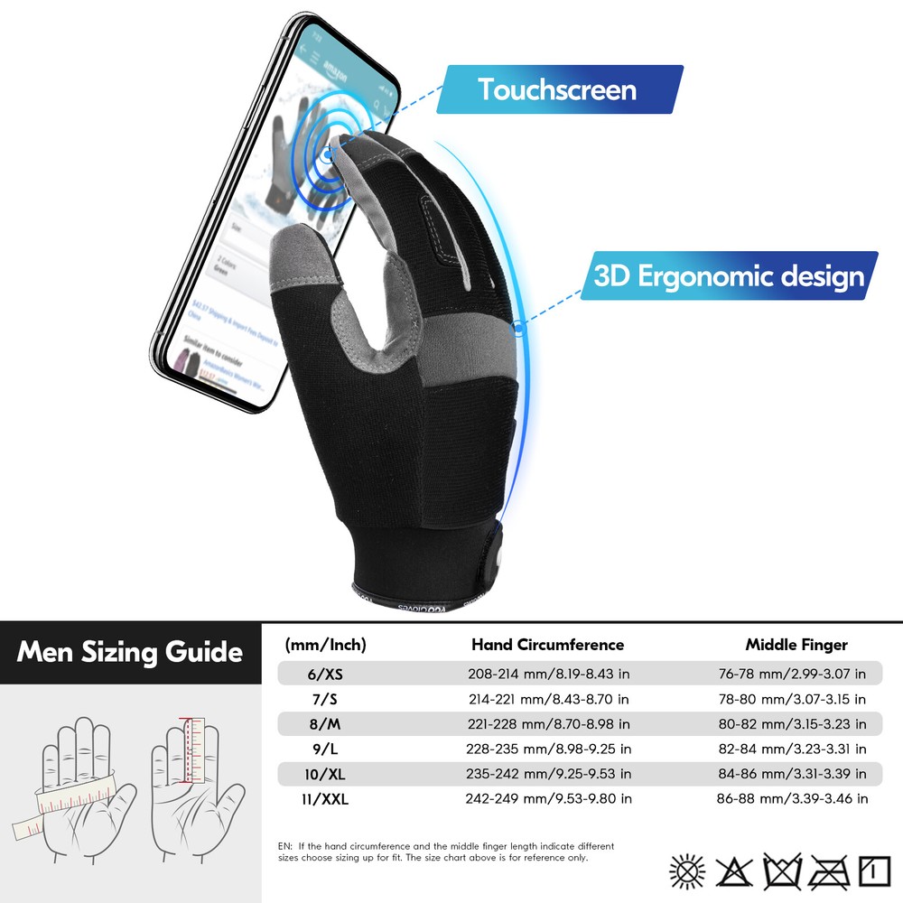 Vgo 1Pair 41℉ Lined Touchscreen Waterproof Winter Work Gloves (SL7584FLWP-BLA)