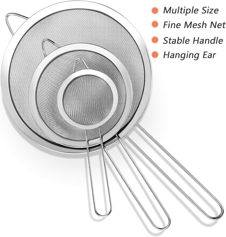 3Pcs Super Wire Extra Fine Mesh Strainer W/ Handle Small Medium Large Size
