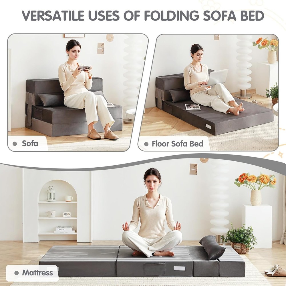 Folding Sofa Bed Couch Single Size Foldable Futon Chair W/ Pillow Folding