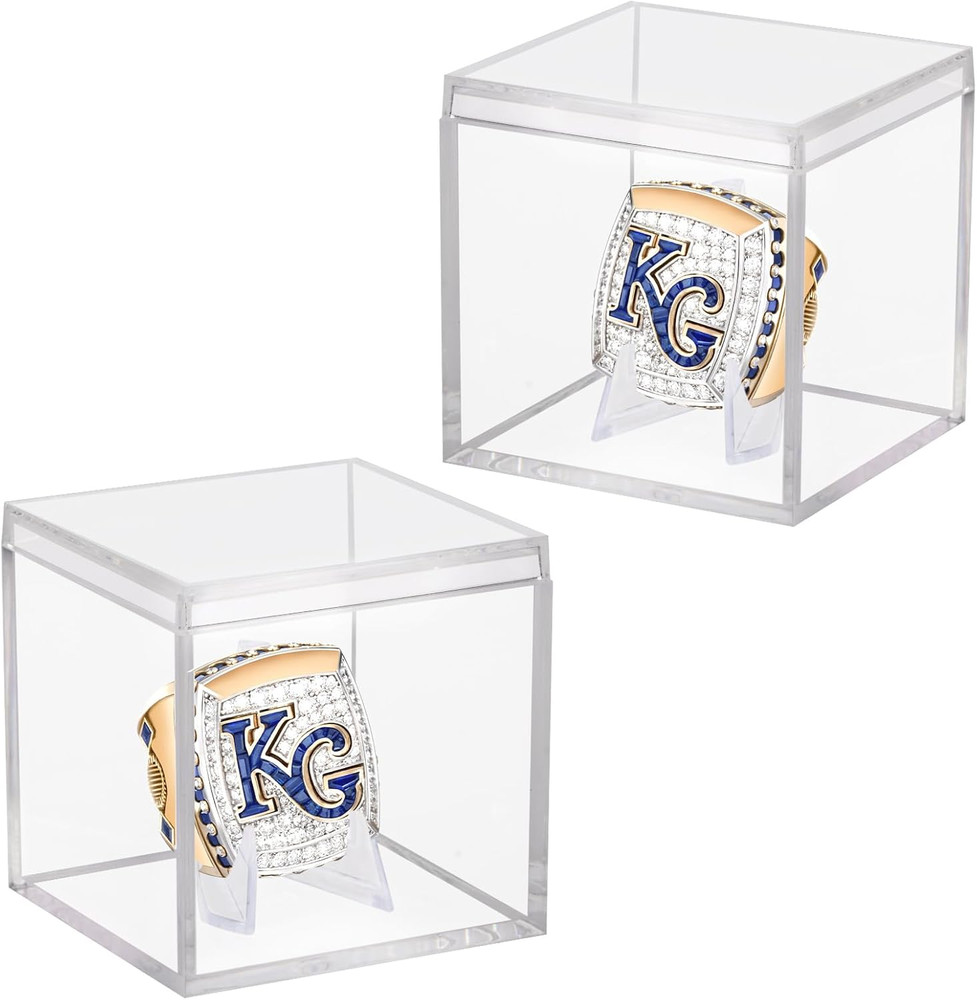2 Pack Clear Acrylic Championship Ring Display Case, Memorabilia Stand Cube Hold
