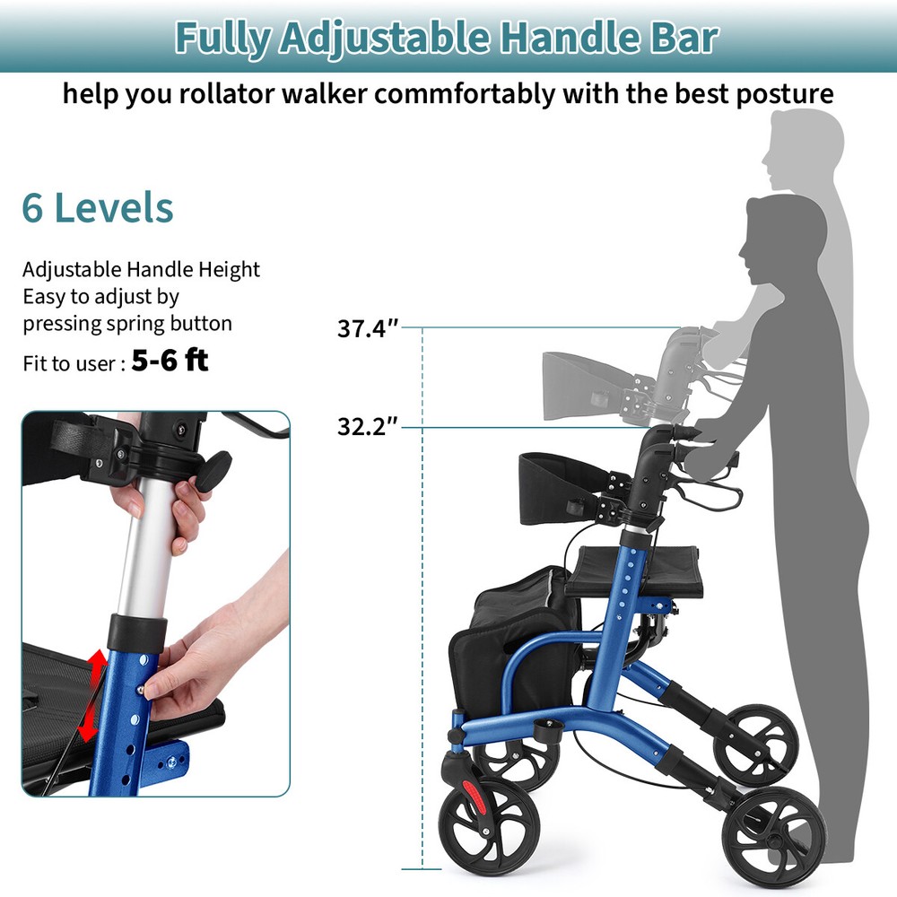 Compact Blue Rollator Walker for Seniors - Easy Folding Aid with Seat & Storage