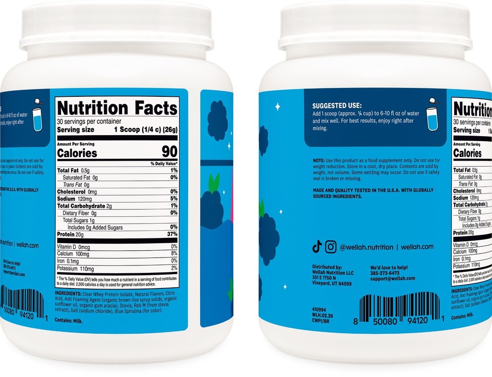 Wellah Clear Whey Protein Isolate Powder (Blue Raspberry) 30 Servings