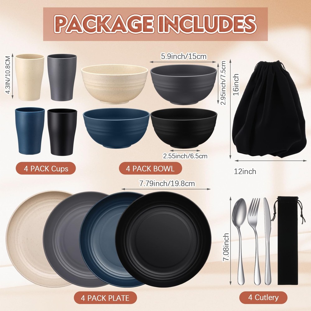 4 Sets Camping Mess Kits for 4 Person Camping Silverware Set Include Cup, Bow...