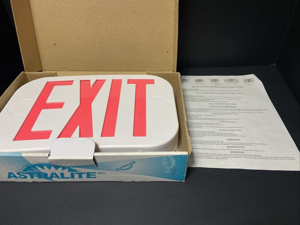 ASTRALITE TP-U2-R-W-EM Thermoplastic Exit Sign, New in Box