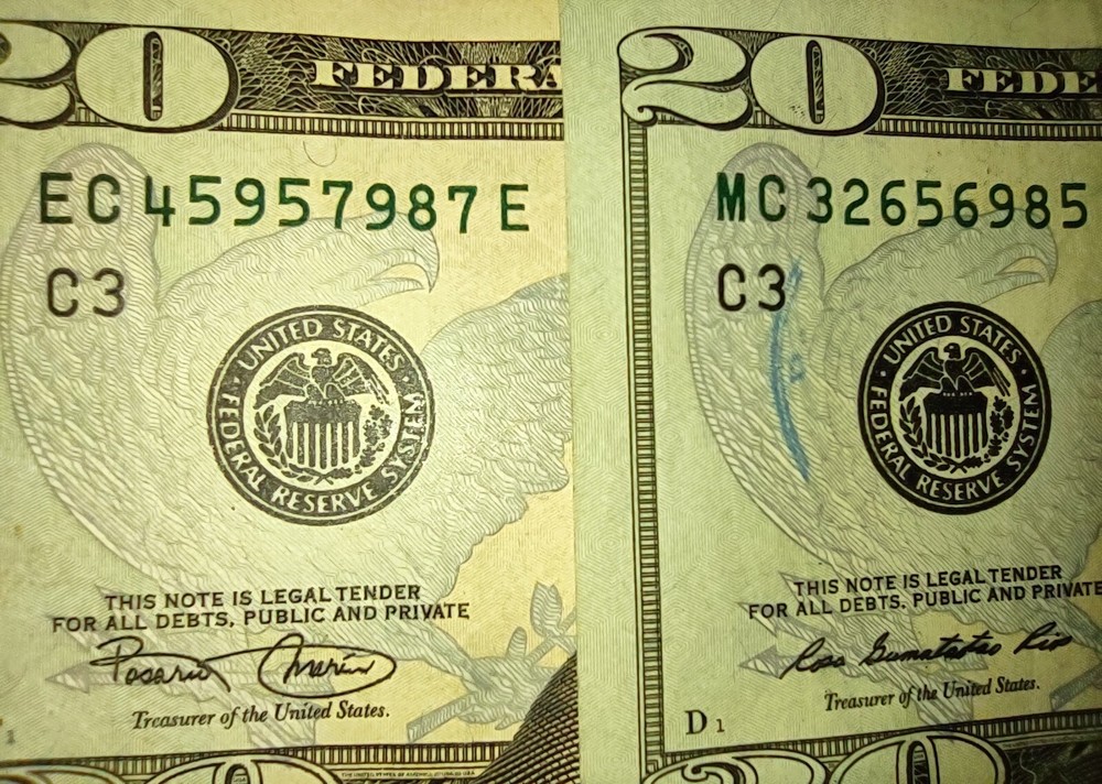 TWENTY DOLLAR FRN WITH UNUSUAL PRINTING ERROR.