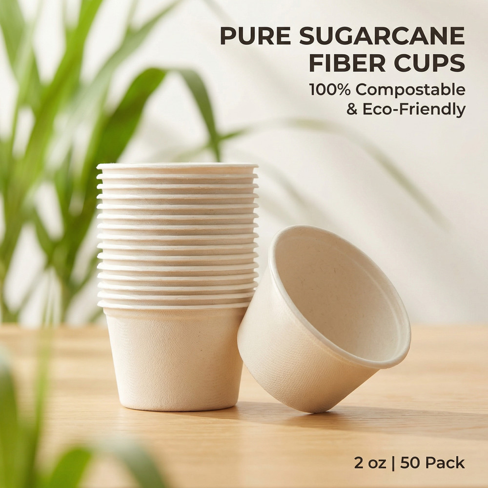 (50 Pack) 2/4 oz Compostable Cups, Biodegradable Sugarcane Fiber