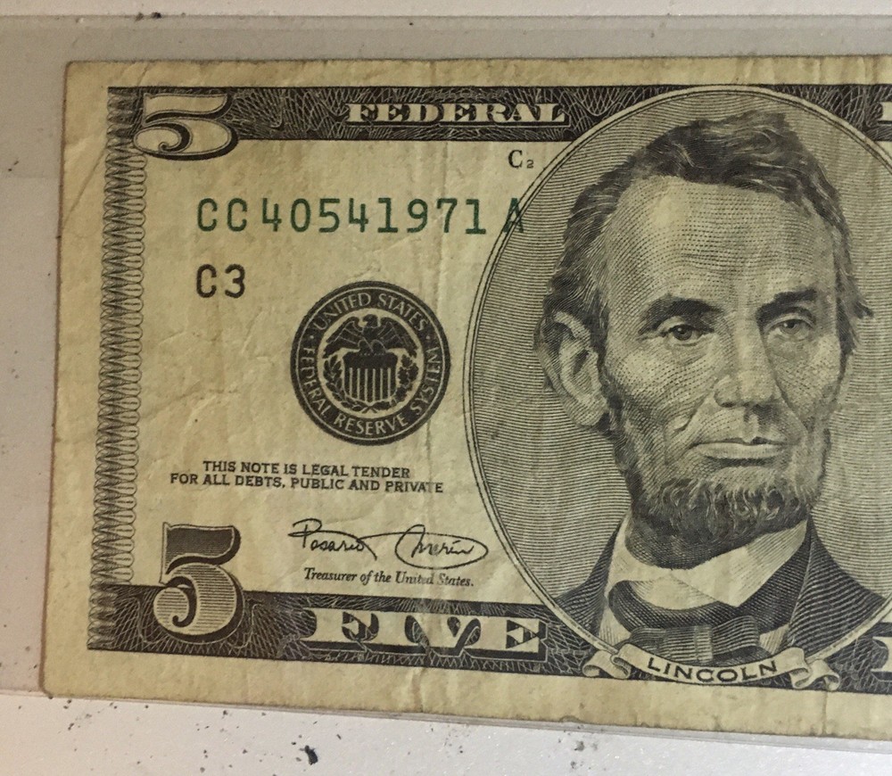 2001 $5 Error Off Print And Birthday Note. A Rare Error Combo