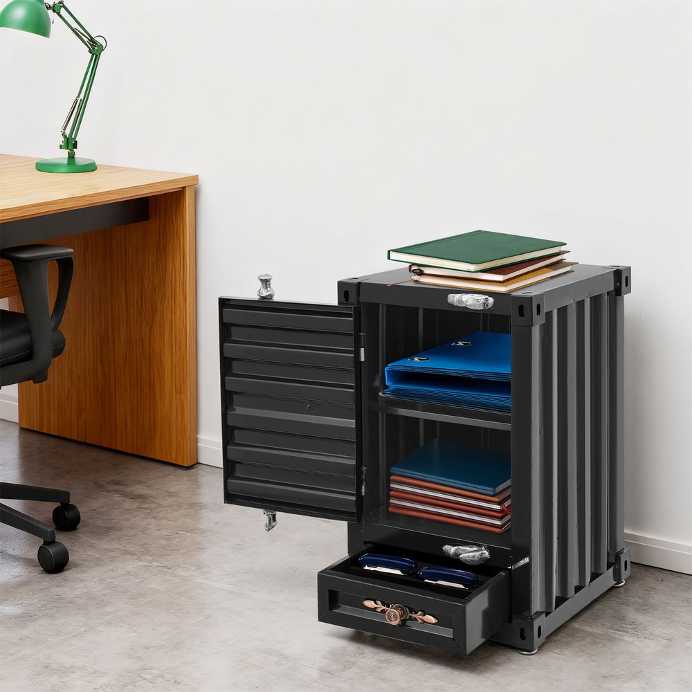 Industrial Metal Container Side Table, Side Table with Drawer, Container Cabinet