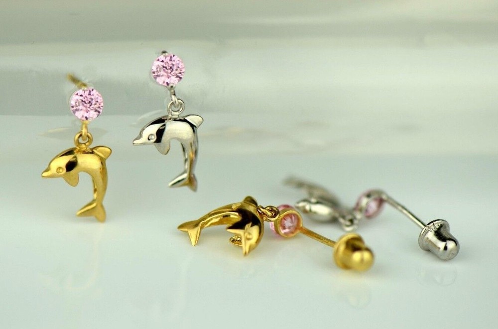 14k Yellow or White Gold CZ Dolphin Stud Earring