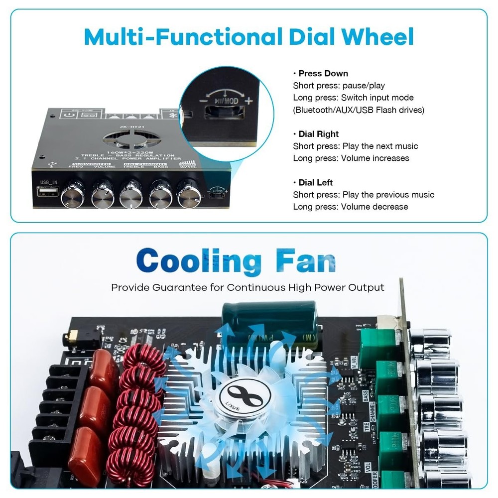 ZK-HT21 Bluetooth Amplifier Board - 2.1 Channel Power Module with 160W×2 Output