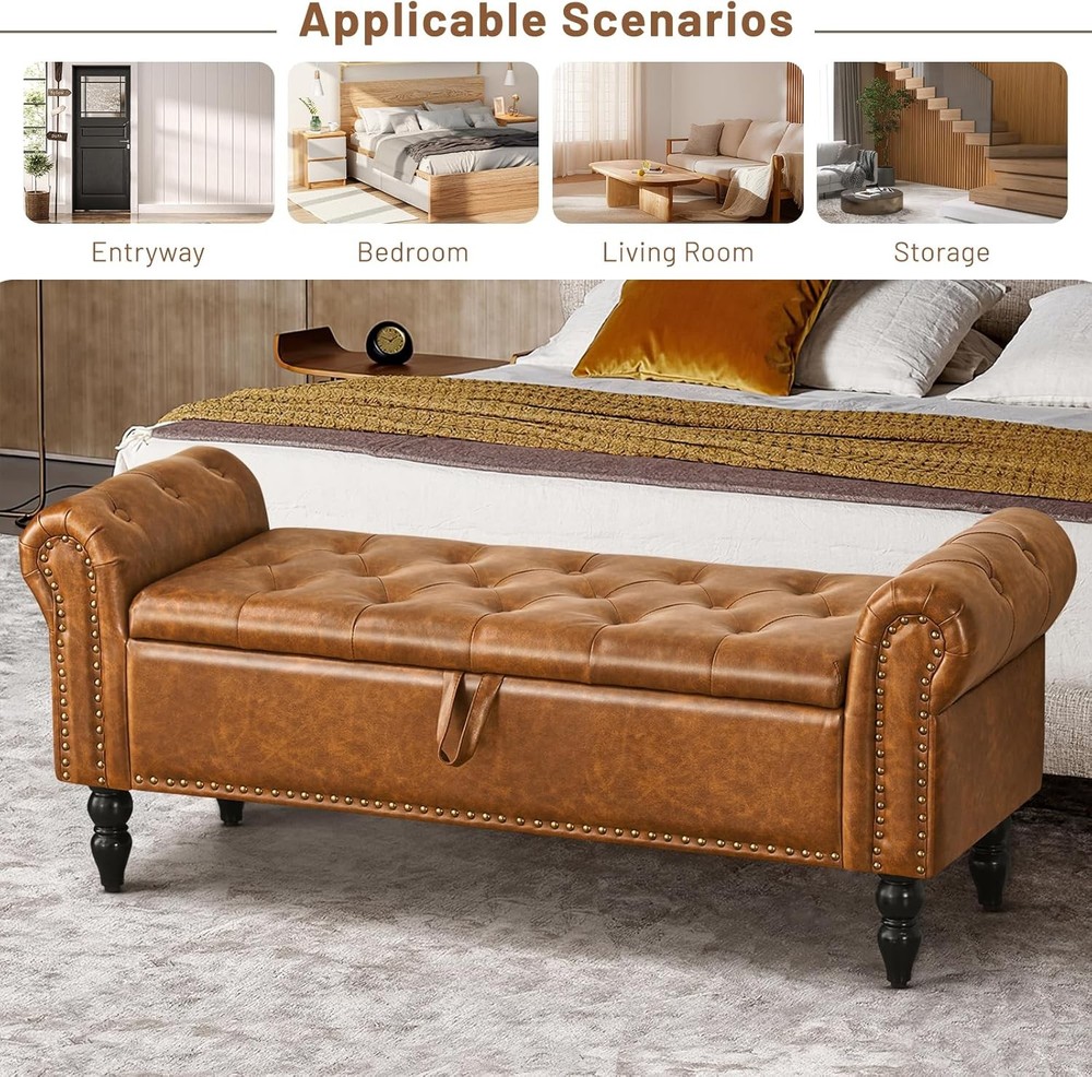 Storage Ottoman Bench, Leather Benches End of Bed Bench with Solid Wood Legs