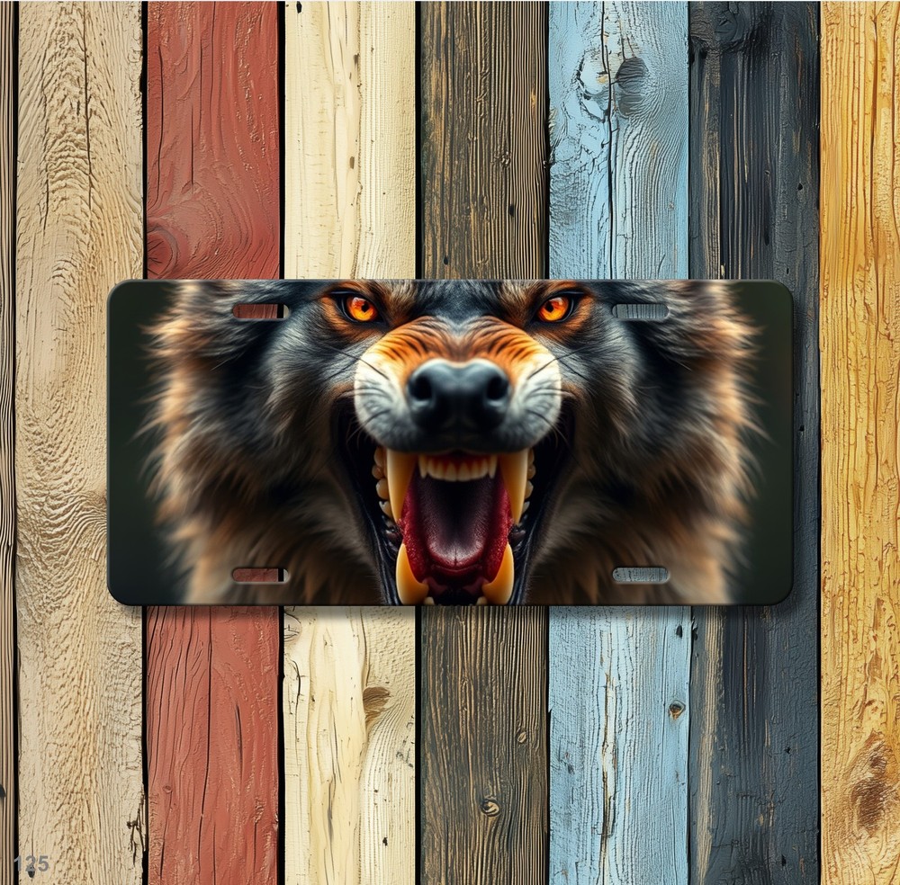Realistic Wolf License Plate Fierce Expression Your Text Front Plate Unique Gift