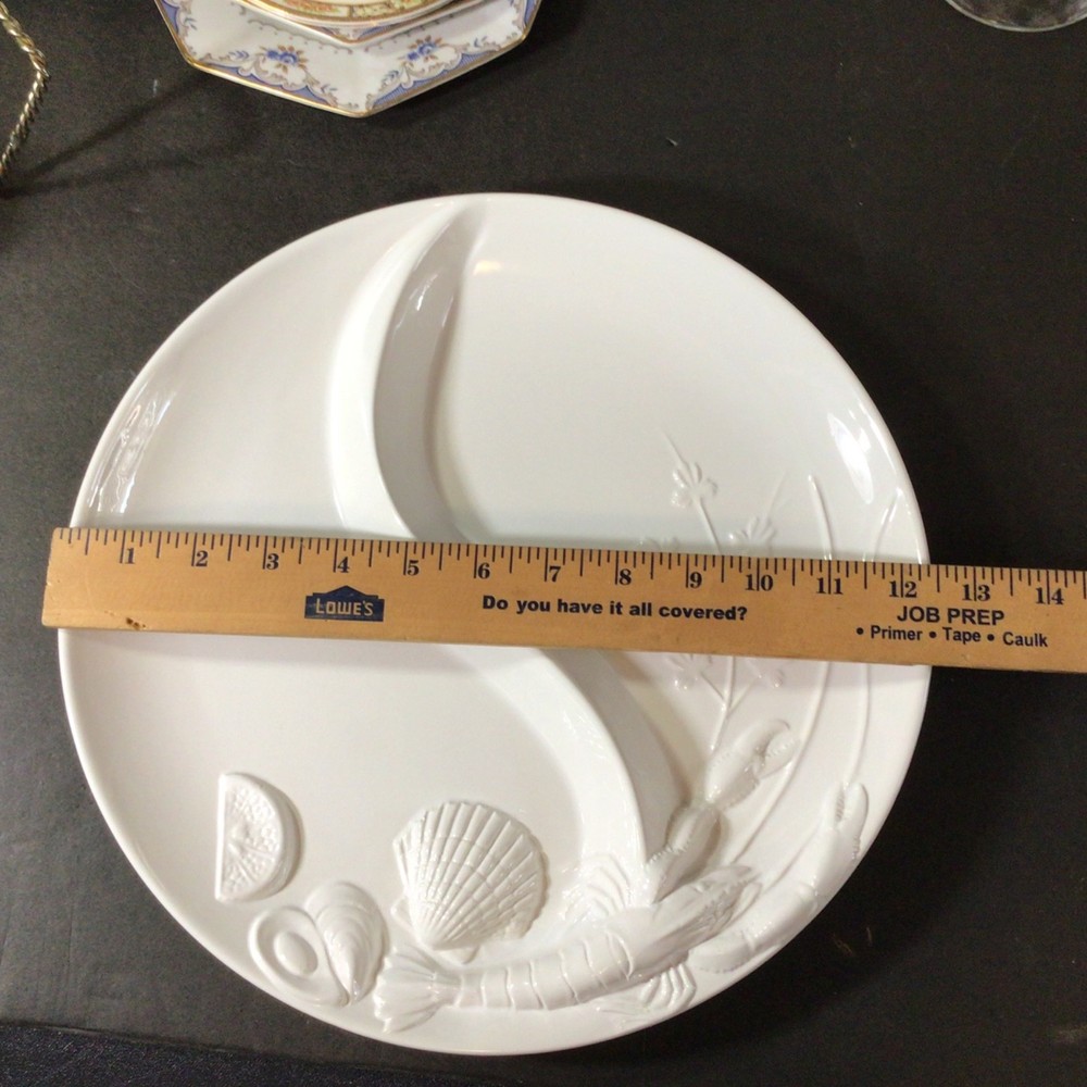 Elements White Ceramic Divided Platter with Seafood Motif