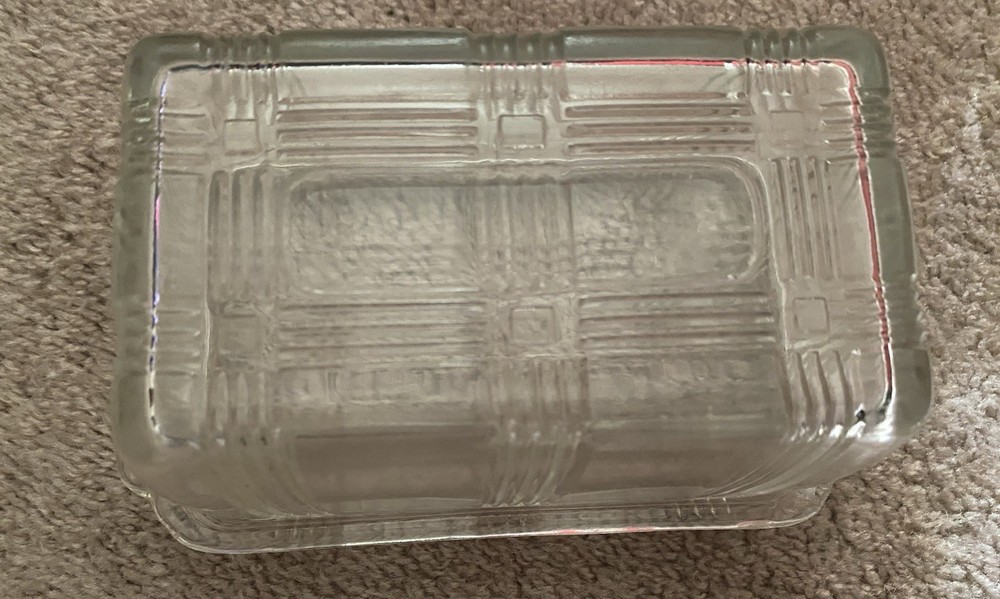 Vintage Clear Glass Rectangular Covered Butter Dish with Lid, Geometric Pattern