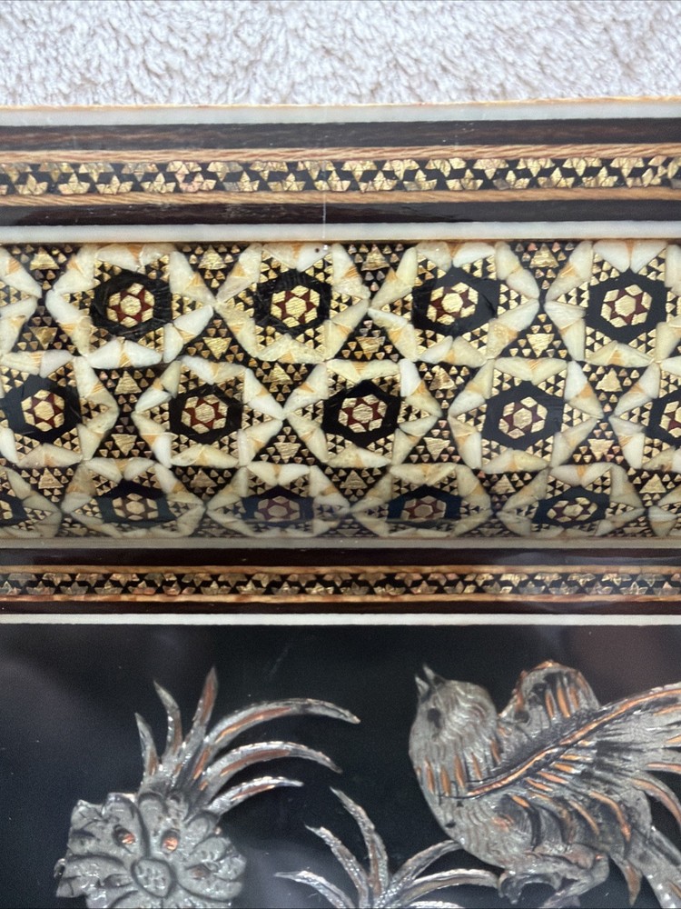 Vintage Middle Eastern Khatam Frame with Copper Bird Art