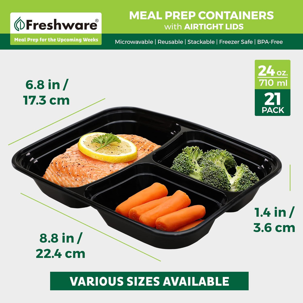 Meal Prep Containers [21 Pack] 3 Compartment with Lids, Storage Containers, Ben