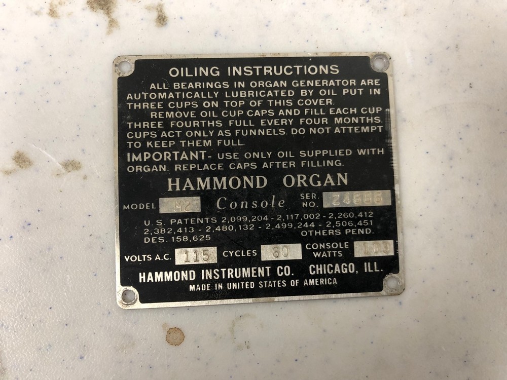 (1) Hammond Organ M2 Oiling Plate! MAKE OFFER!