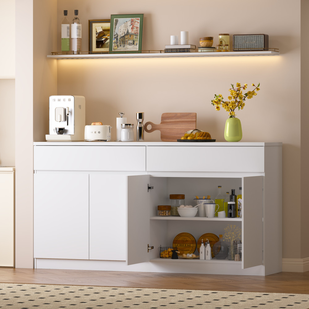 White Sideboard Buffet Cabinet with 2 Drawers 4 Doors Dining Storage