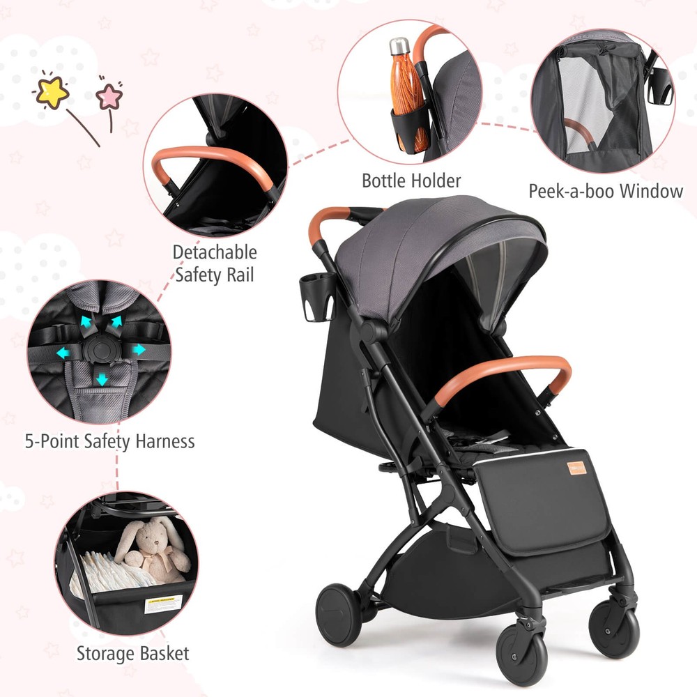 Lightweight Baby Stroller w/One-Hand Folding, Extendable Canopy, Storage Baske