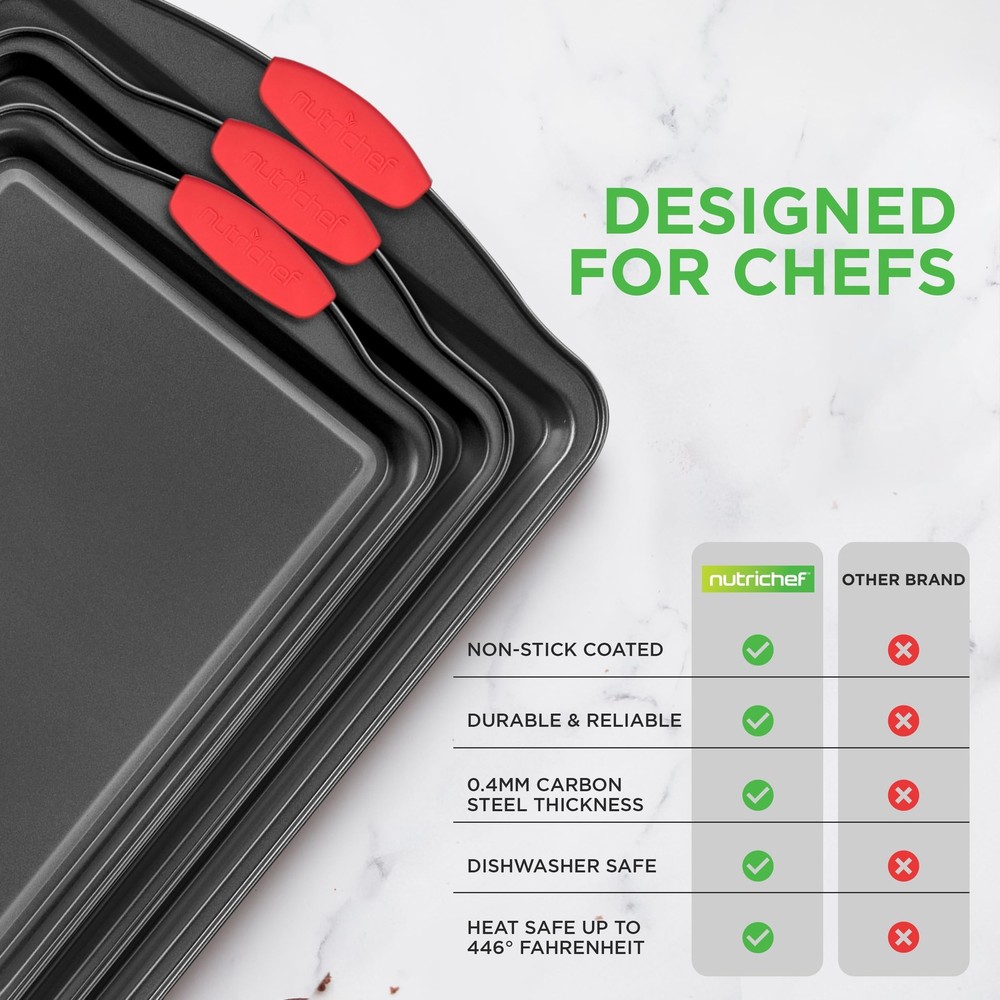NutriChef 3-Piece Nonstick Kitchen Oven Baking Pans - Set, Black