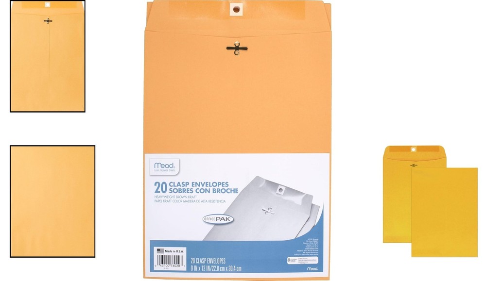 20 Count Brown Kraft Clasp Envelopes, 9" x 12", Secure Document Mailing