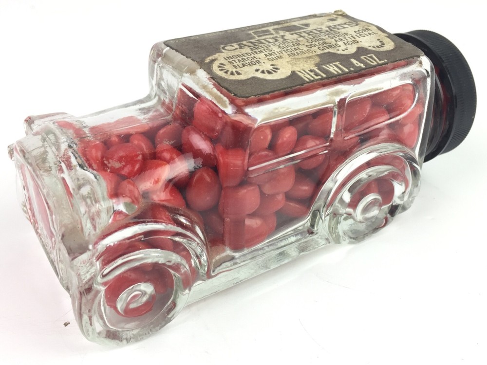 Vintage Glass Candy Container Antique Car, Original Label & Candy