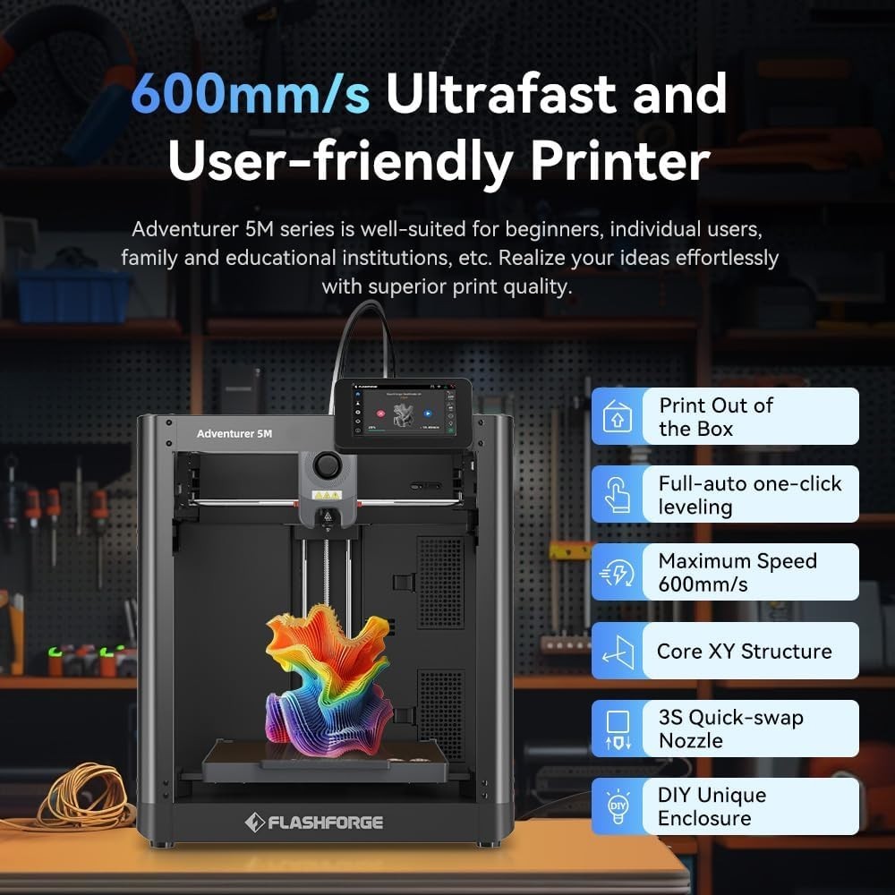 Adventurer 5M 3D Printer with Fully Auto Leveling System, Max 600mm/s High-Sp...