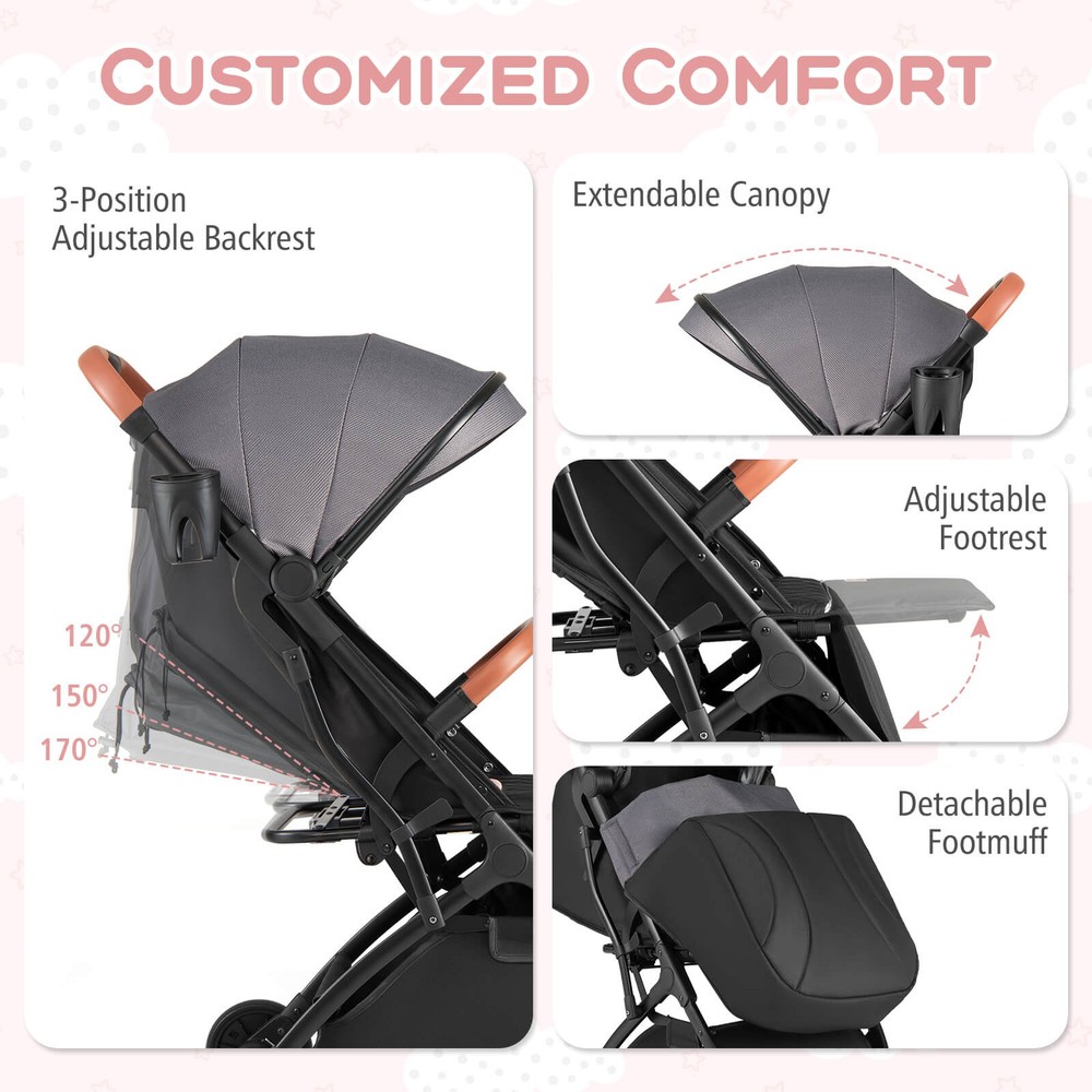Lightweight Baby Stroller w/One-Hand Folding, Extendable Canopy, Storage Baske