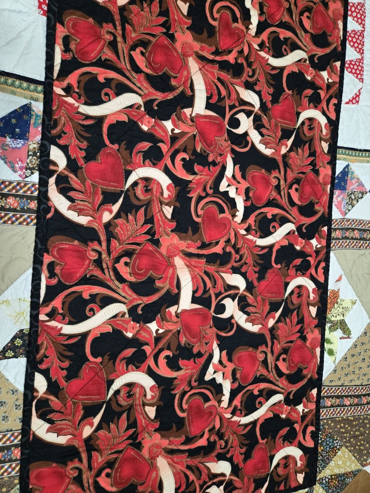 Handmade Quilted Patchwork Table Runner Black Red White Hearts 59x17"