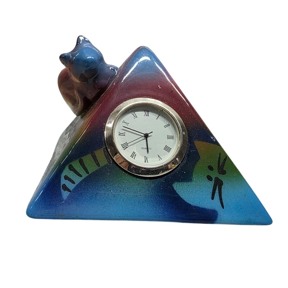Signed D. Stiles Ceramic Cat Quartz Clock Pyramid Colorful Unique Decor