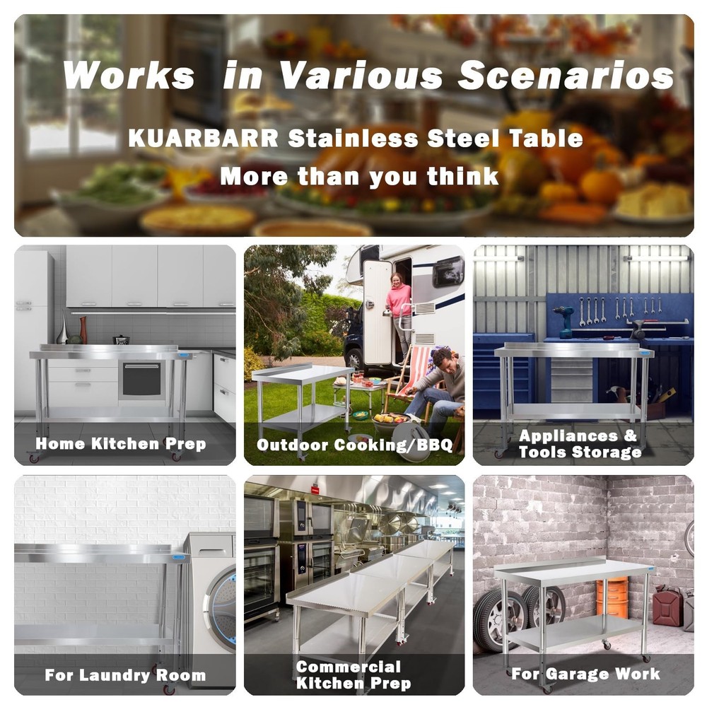Stainless Steel Table for Prep & Work with 4 Caster Wheels with Adjustable Un...