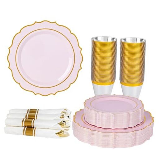 350PCS Plastic Plates, Gold Plastic Dinnerware Sets for 50 Guests, Include Pink