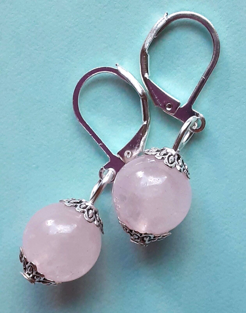 ROSE QUARTZ round simple drop earring SP LEVERBACK HANDCRAFTED WPQ18