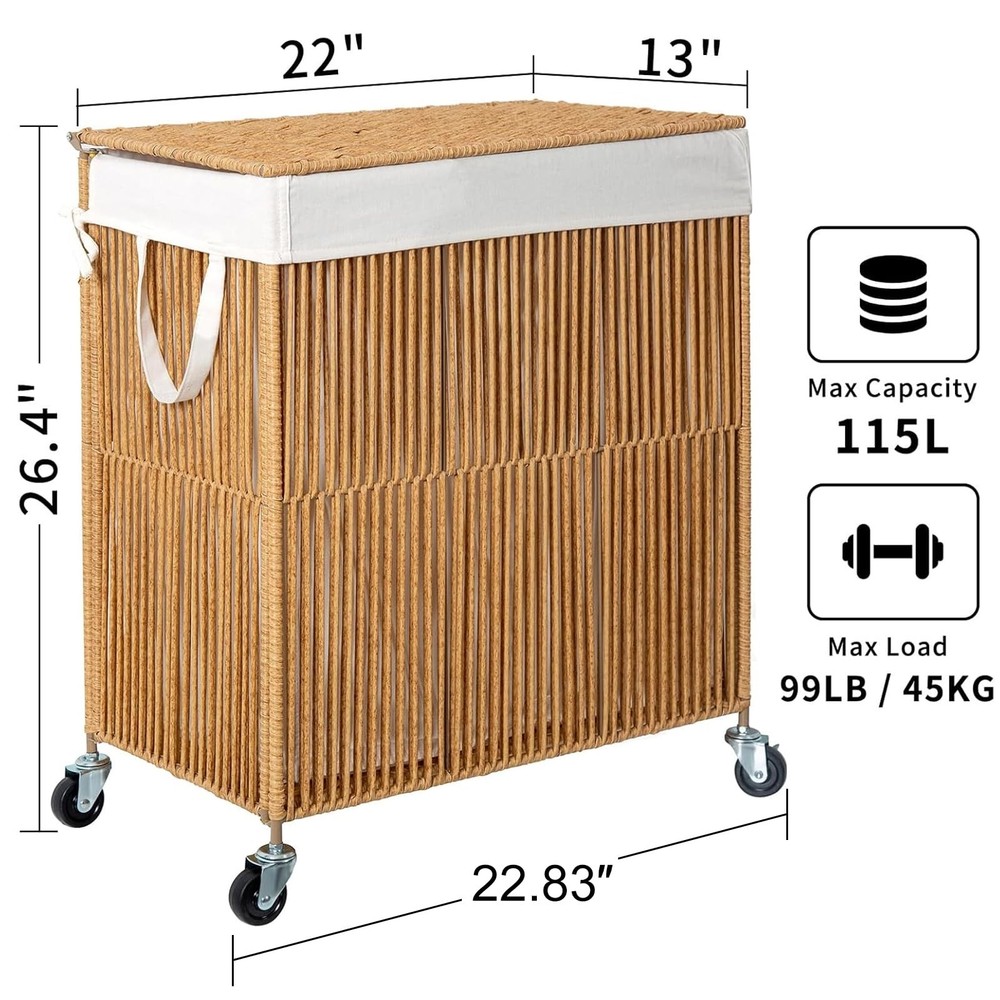 Home Organization Rolling Laundry Hamper with Lid - 115L Capacity