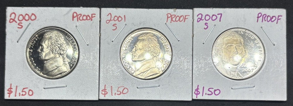 3 Different Proof Jefferson Nickels 2000 - 2007