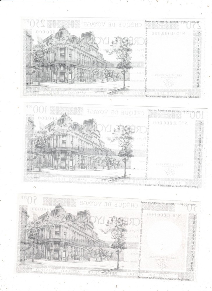 CREDIT LYONNAIS 3 SPECIMEN TRAVELLERS CHEQUES