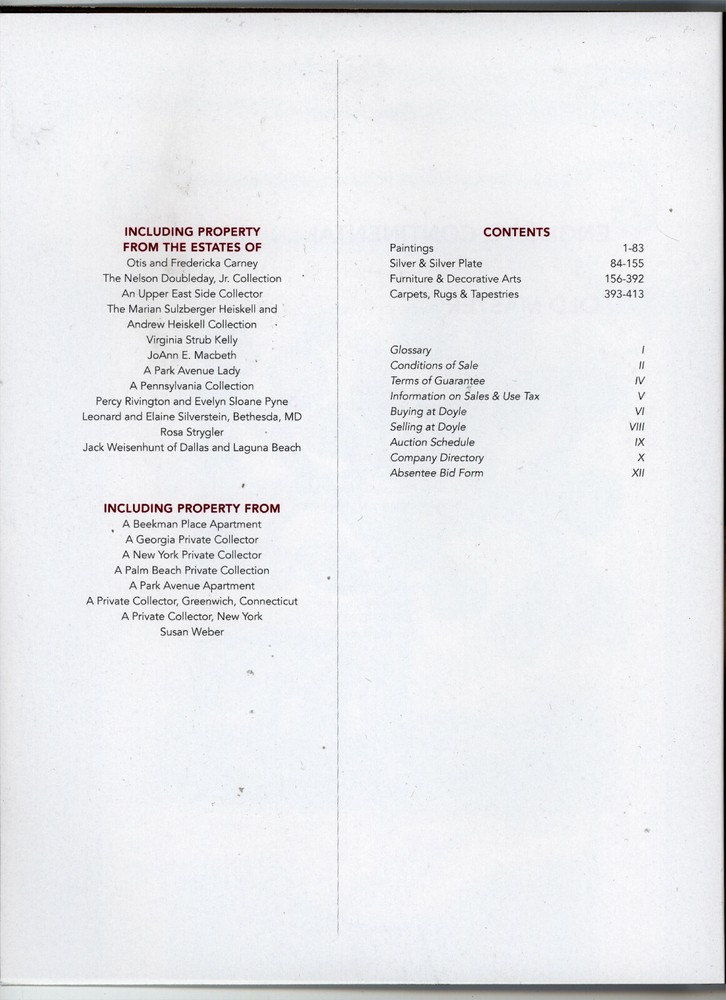 2020 - DOYLE Fine Decorative Art Estates Old Masters Auction Catalog Reference