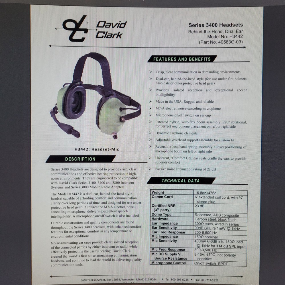 David Clark communication headset model H3442 with microphone