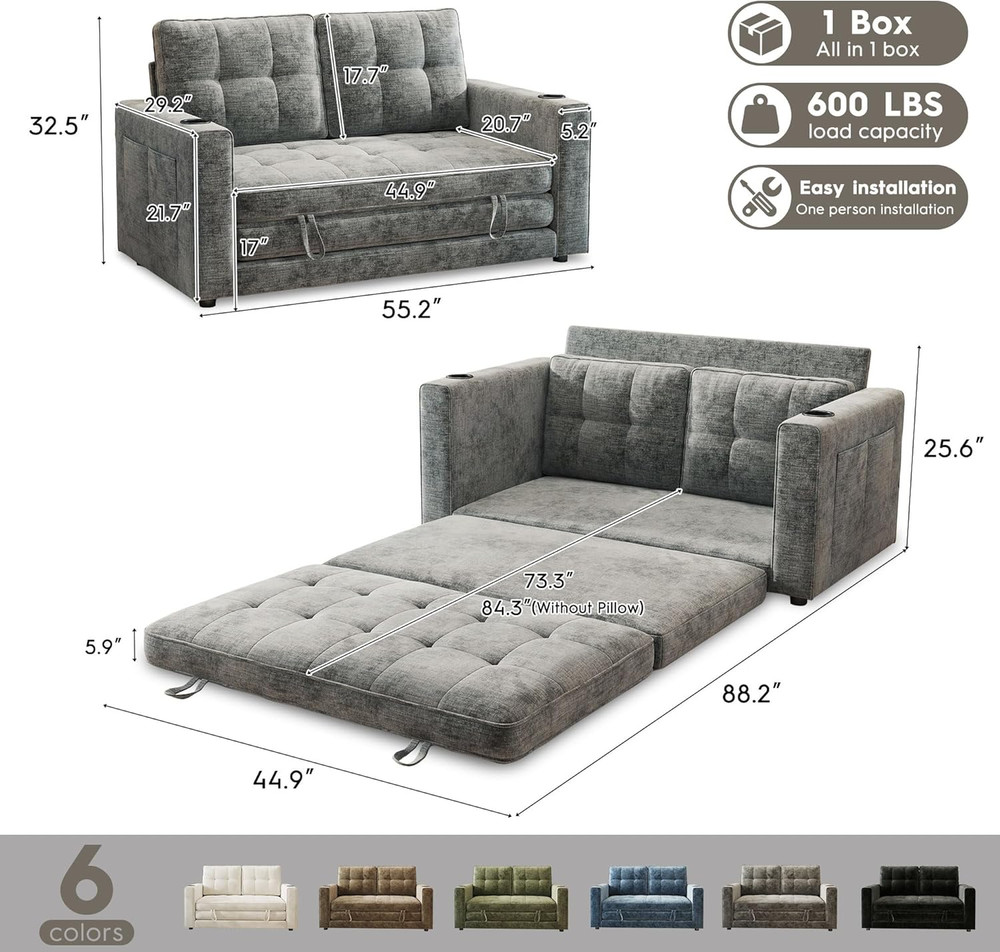 Compact 55" Grey Chenille Convertible Sofa Bed with Cup Holder & Pillow