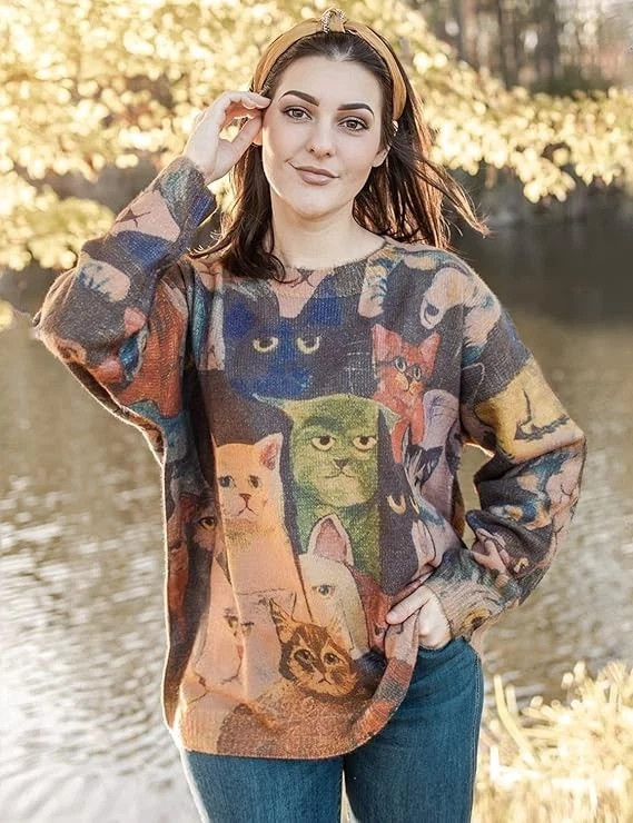 YESNO Womens Oversized Soft Cozy Graphic Pullover Wool Cotton Sweater