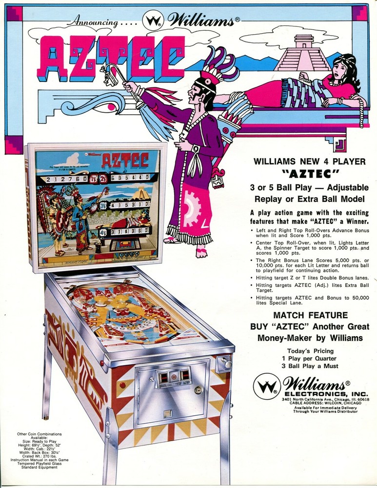 Aztec Williams Pinball Flyer / Brochure/ Ad Mint