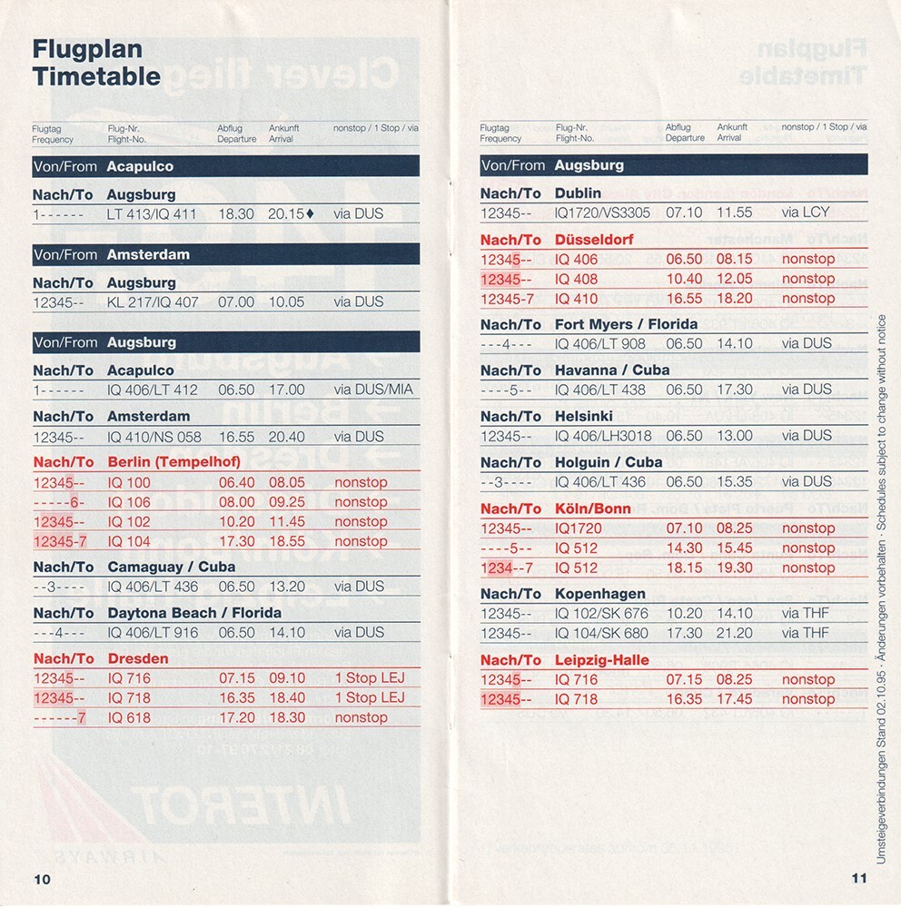 Interot Airways timetable 1995/10/29
