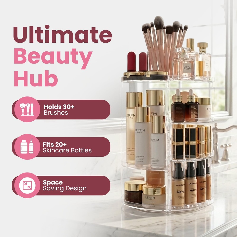 Masirs 360 Rotating Makeup Organizer Countertop - Adjustable Tall, Clear