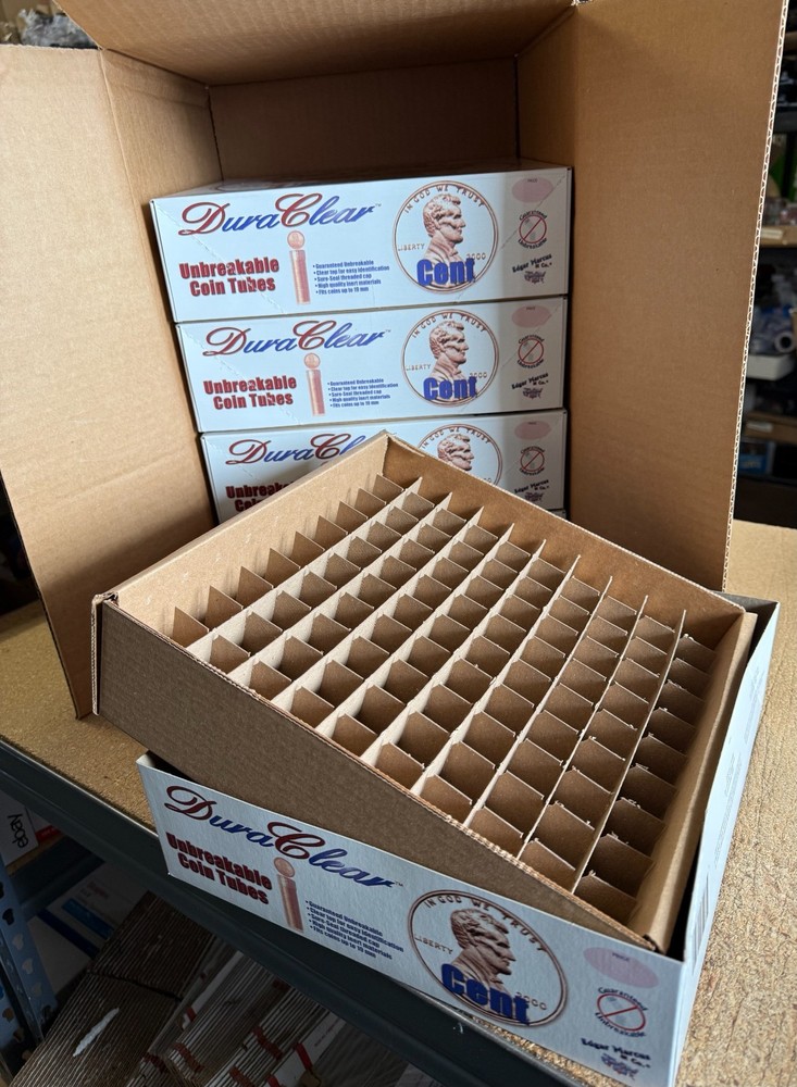 5 EMPTY DuraClear Penny Coin Tube Boxes with inserts - NEW
