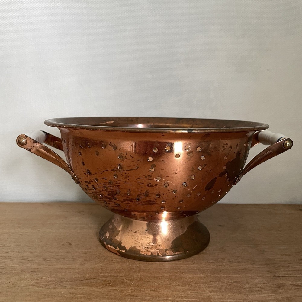 Vintage Copper Colander Strainer Bowl Ceramic Handles
